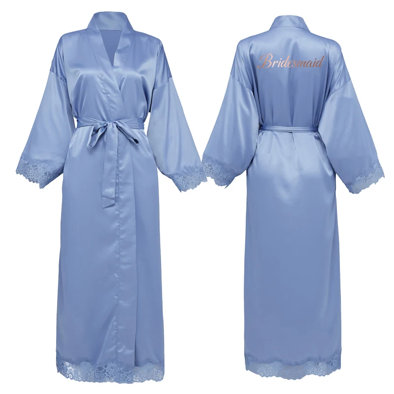 YUXINBRIDAL 2020 dusty blue Women Long Matt Satin Lace Robes Bridal Kimono Bride Robes Bridesmaid Robes Wedding Party Sleepwear