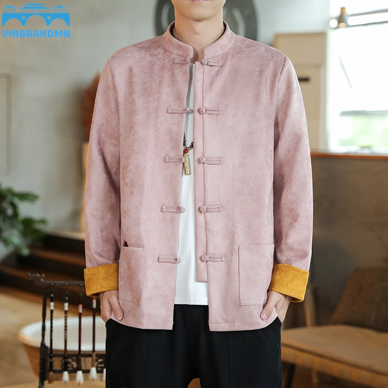

Мужская замшевая куртка в китайском стиле Vinbrandmn, осенне-зимнее бархатное пальто из оленьей кожи, замшевая куртка с пряжкой, большие размеры