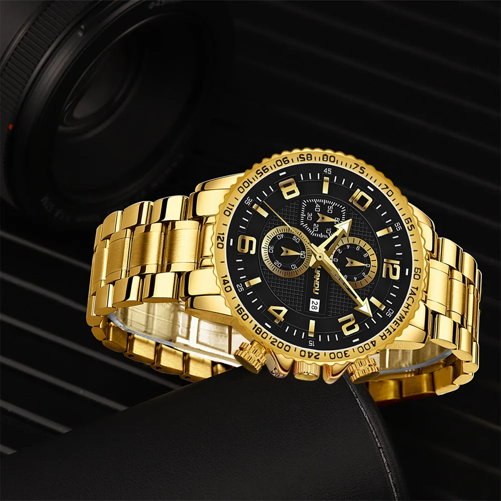 2pcs Mens Watch Bracelet Set Luxury Gold Top Brand Fashion Casual Watch With Calendar Quartz Wristwatches Relogio Masculino images - 6