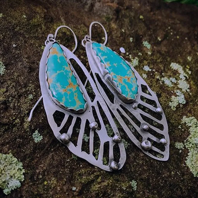 

European and American popular earrings, turquoise jewelry, gem setting, women's fashion new style