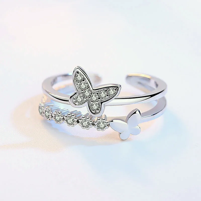 

Fashion 925 Sterling Silver Shiny Cute Butterfly Double Layer Adjustable Rings For Women Female Fine Jewelry R425
