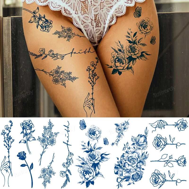 

Fake Tatoo Stickers Waterproof Temporary Gradient Tattoo Leg Patch Herbal Juice Tattoo Semi-permanent Flower Rose Daisy Beauty