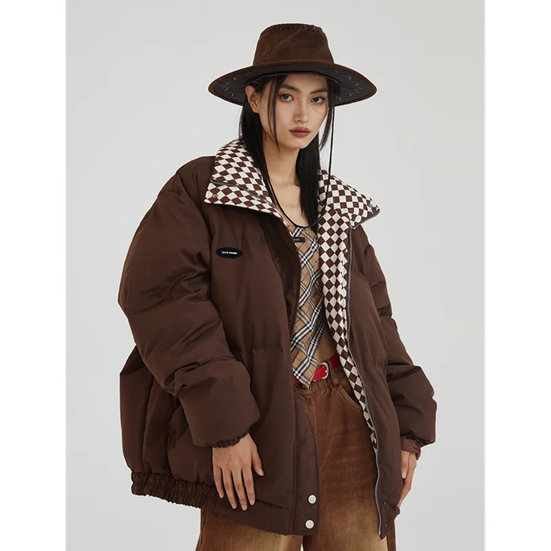 

Women's New Style Fashion Brown Cotton Clothes Stand Collar Recreational Woman Down Jacket Comfortable Versatile Coat Winter