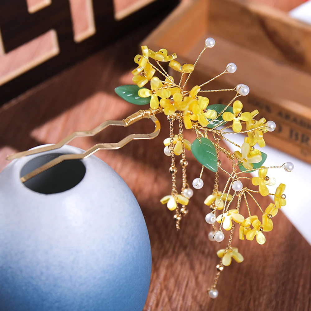 

Flower Hairpin For Women Chinese Hanfu Hair Accessories Traditional Vintage Pearl Tassel Hair Stick Retro Bridal Wedding Jewlery
