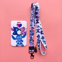 disney stitch high quality cute id badge holder hard case with neck lanyard and keychain strip set for women kids
