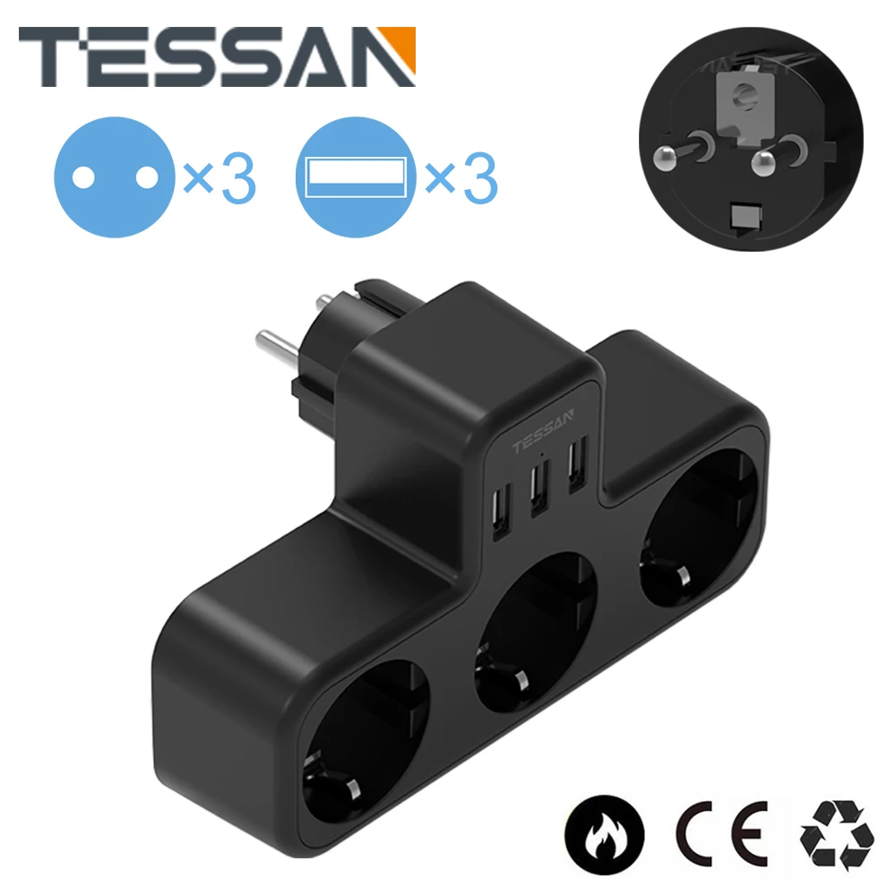 Сетевой фильтр TESSAN с 3 розетками переменного тока и USB-портами несколько
