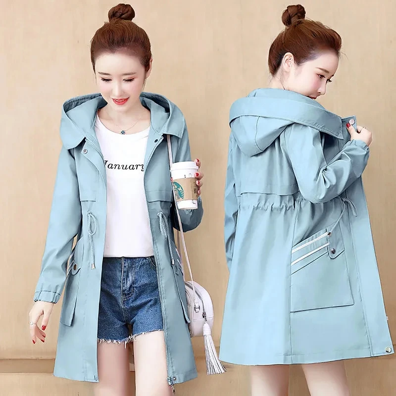 

Women's Mid-length Trench Coat Women's Coat 2023 Spring Autumn New Lady Windbreaker Korean Temperament Women Hooded Basic Coat