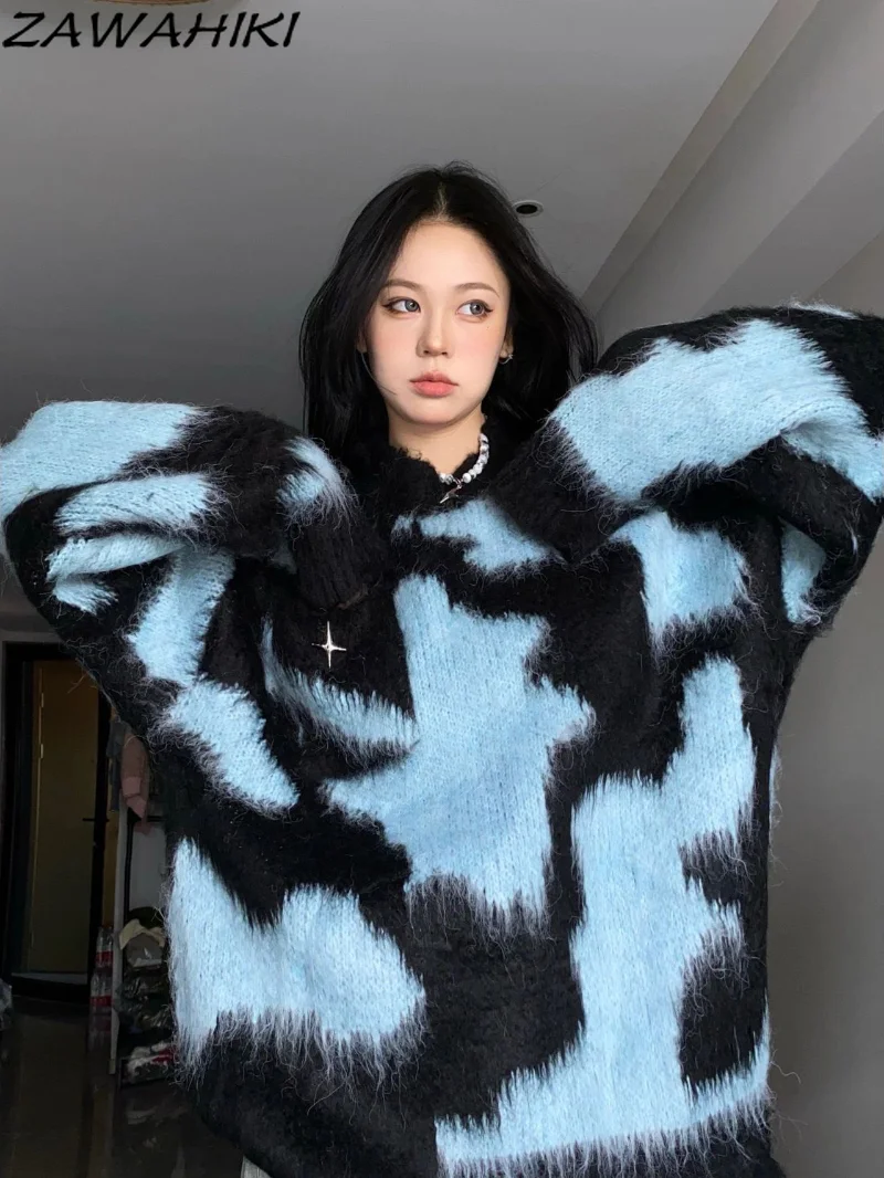 

Winter Women Blue Sweater Crew Neck Tie Dye Fashion Contrast Color Loose Vintage Pullover Long Sleeves Knitting Tops