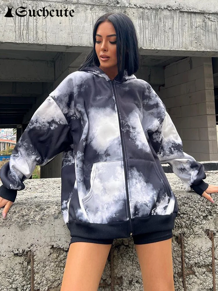 

SUCHCUTE Korean Fashion Tie-dyed Sweatshirts Women Vintage Gothic Zip Up Long Sleeve Hoodies Grunge Streetwear Hooded Outwears