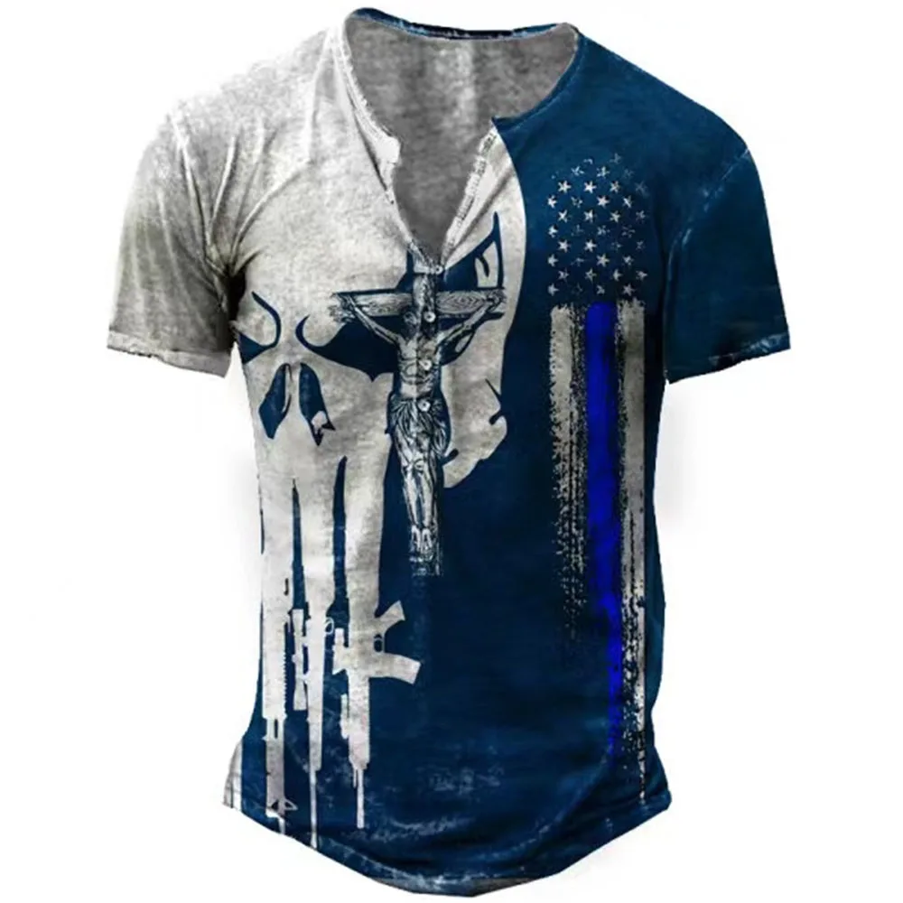 

Cotton T-Shirt for Male Shirt Summer Short Sleeve T-Shirt Vintage Skull 3D Printed 5XL Oversized Men V-Neck Loose Button T-Shirt