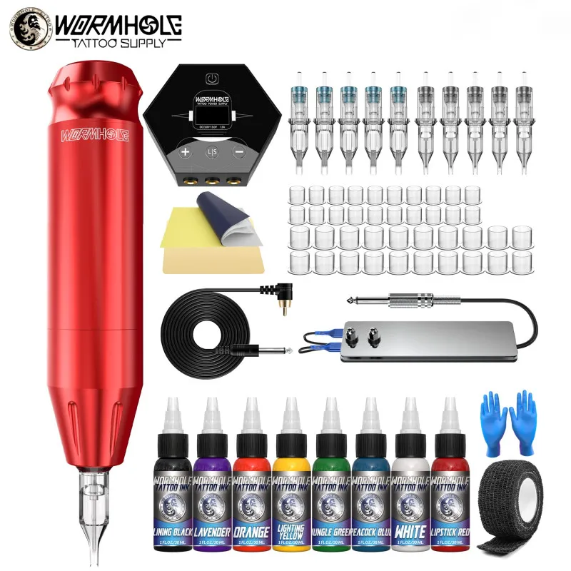 Wormhole Professional Tattoo Permanent Makeup Tattoo Machine Kit Complete Tattoo Rotary Pen Set LCD Power Supply for Artist