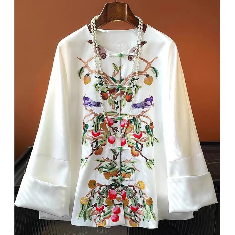 Spring New High-End Acetate Satin Palace Embroidery Chinese Style O-Neck Single-Breasted Long-Sleeved Jacket Women S-XXL