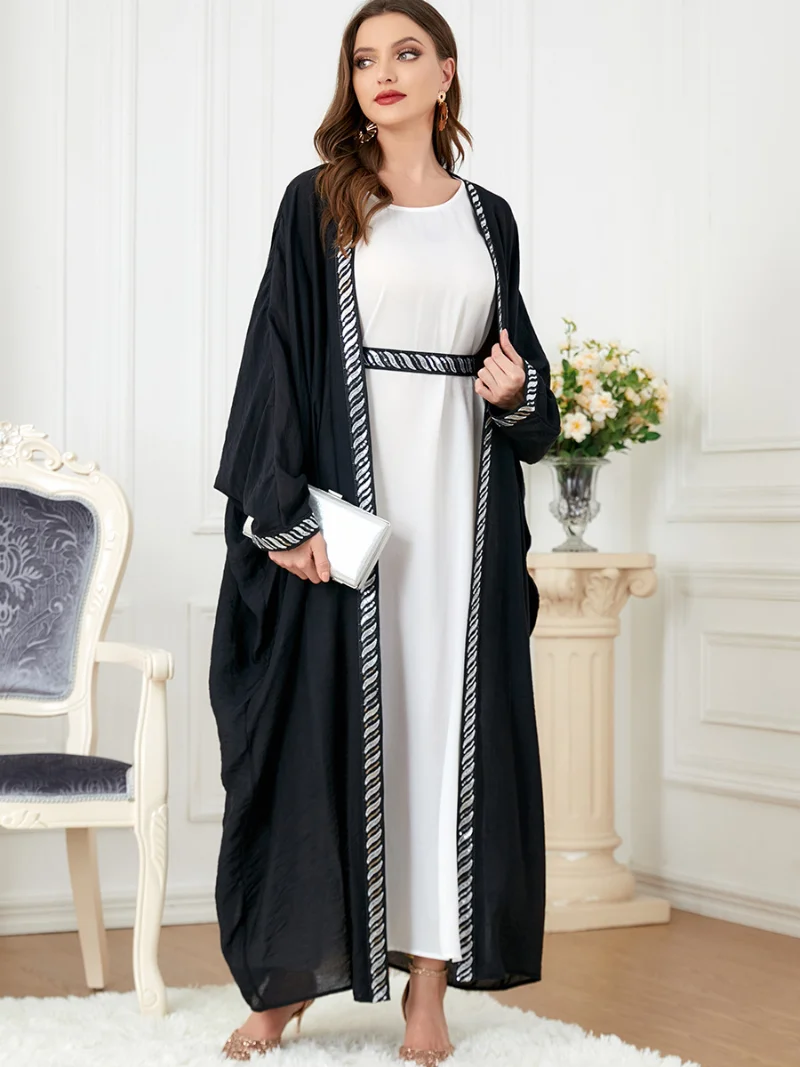 Abayat Muslim Sets Solid Color Front Open Black Abaya And Belted Dress African Dresses For Women Moroccan Caftan Autumn Winter