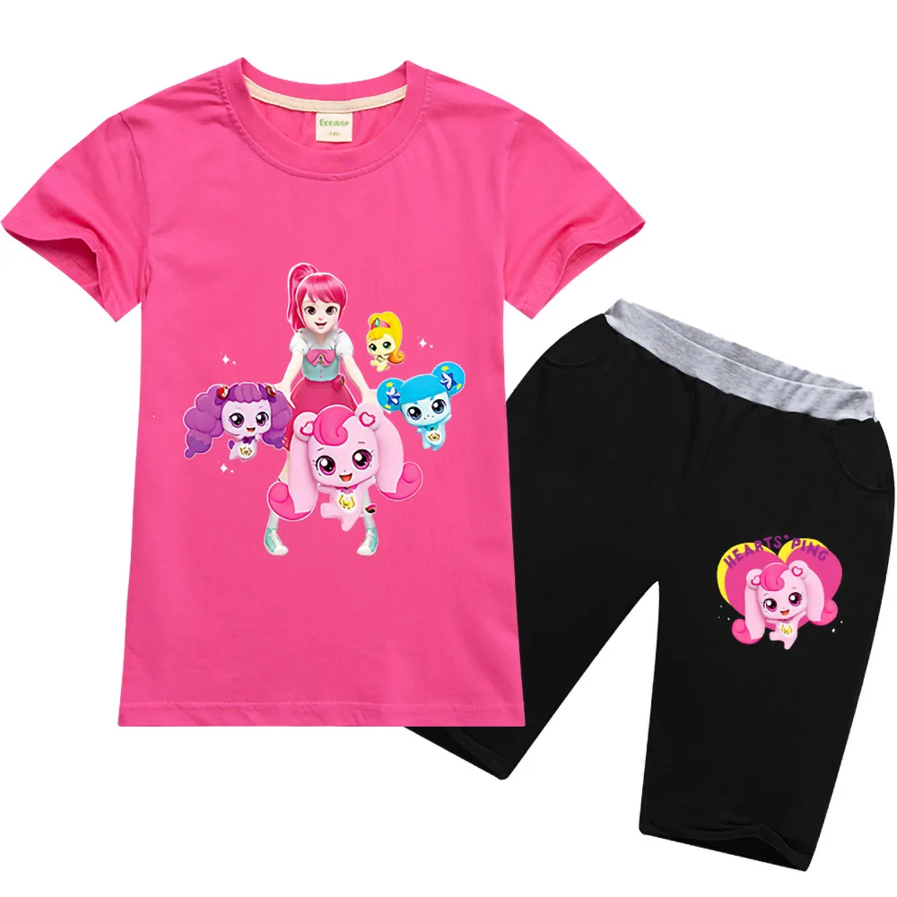 

New Girls Summer Set HEART'S PING Kids Sports Leisure T-Shirt Pants 2-16Y 2PCS Set Baby Clothes Comfortable Outfits Pyjamas Boys