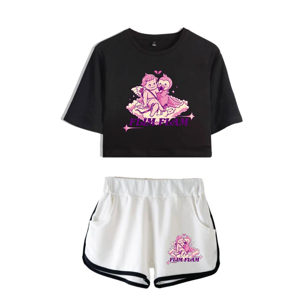 Flamingo Flim Flam Cupid Flamingo Merch Navel Tee Two Piece Set Short Sleeve Cropped Top+Shorts 2023 Funny Women's Sets