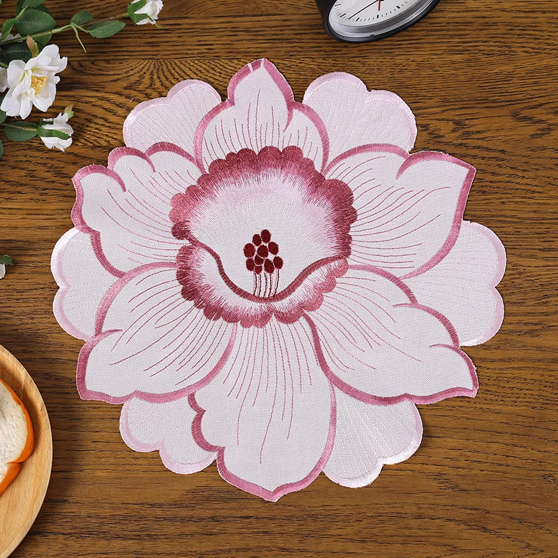 Hot Super Lily Flowers Embroidery Placemat Cup Mug Tea Pan Coaster Kitchen Dining Table Place Mat Lace Doily Wedding Drink Pad