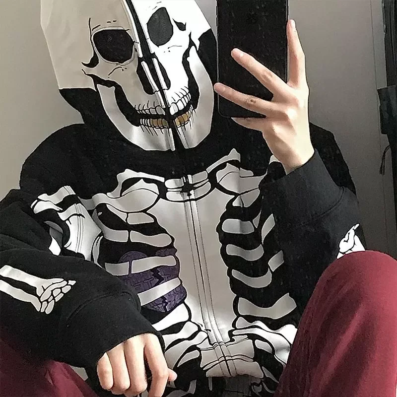 

NEW 2023 Skull Zipper Long Sleeved Style Print Hooded Womens Large Size Loose Wild Hoodies Plus Velvet Thick Sweater Women Jack