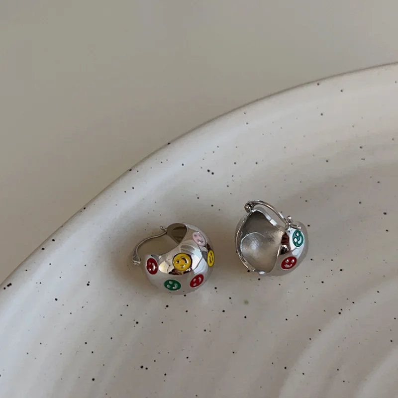 

Minar Chunky Silver Metal Ball Hoop Earrings for Women Girls Cute Enamel Smile Face Circle Earring Hoops Statement Jewelry Gifts