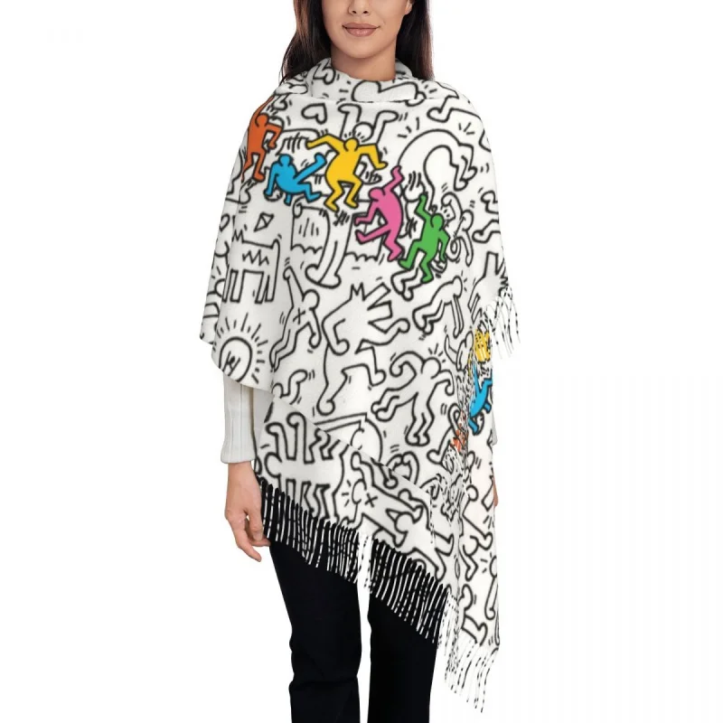 

Luxury Very Crowded Haring Graffiti Rap Pop Art Tassel Scarf Women Winter Warm Shawl Wrap Ladies Indie Aesthetic Scarves