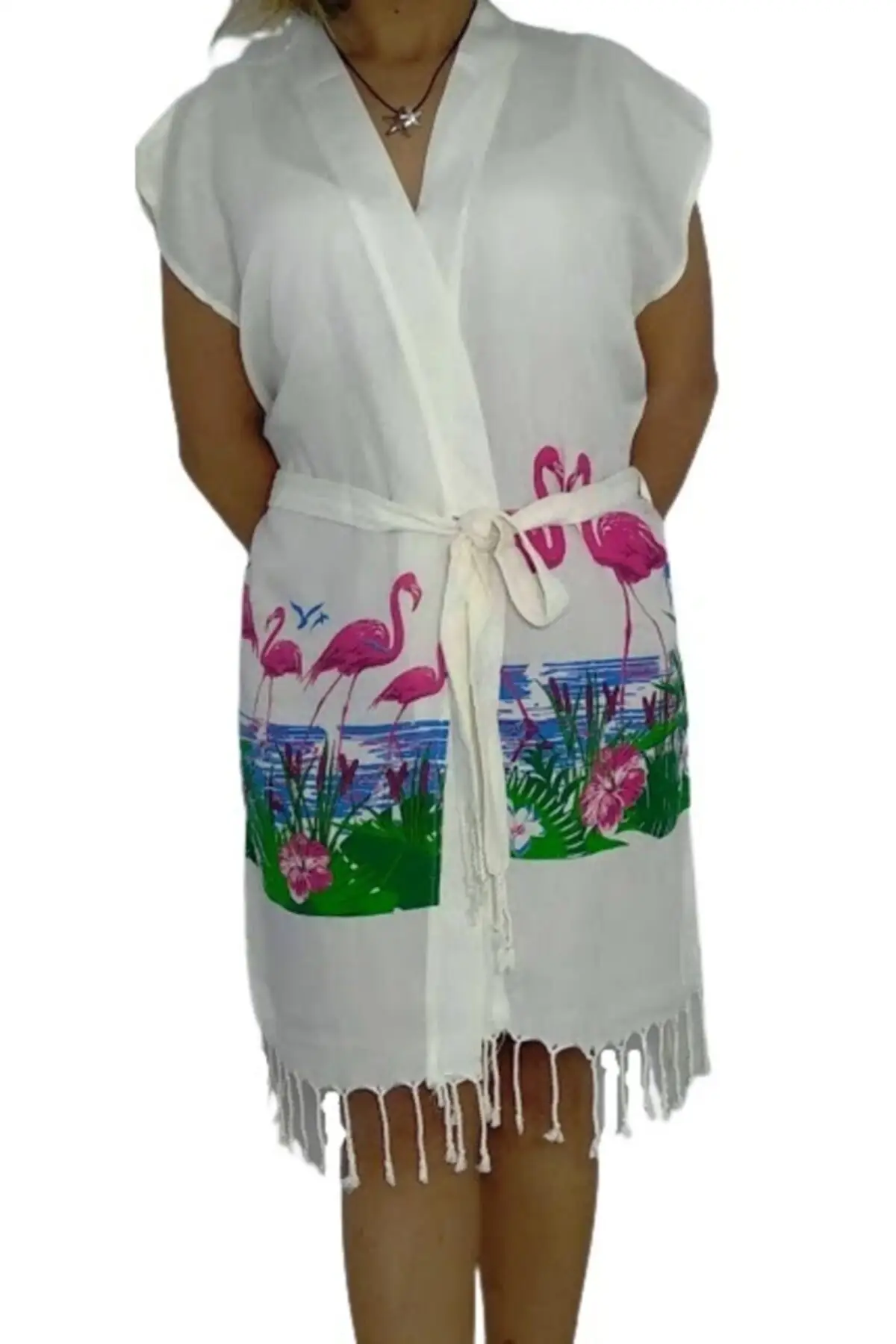 

Women's Pareo White Beach Dress Kimono Flamingo Swimwear Cover Dress Sexy Tunic Suit Beachwear Female Beach Bikini Cover