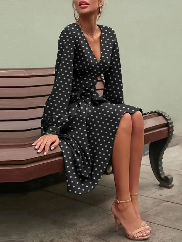 

ZANZEA Fashion OL French Dress Women Puff Sleeve Sundress Casual Polka Dot Midi Vestido Party Sexy V Neck Robe Longue Oversize 7