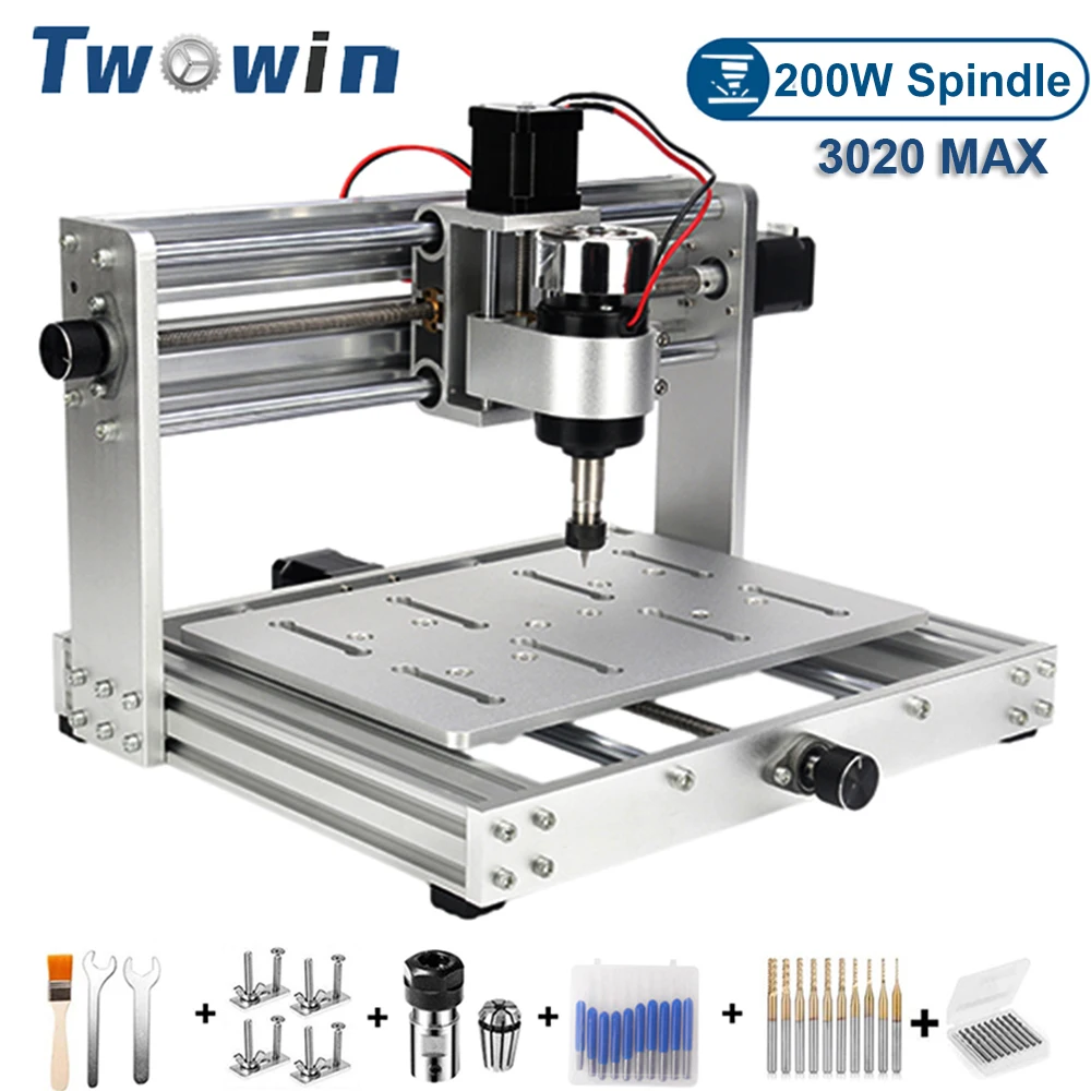 TWOWIN CNC Router Machine 3020 MAX Metal Frame Laser Engraving Machine 200W Spindle For Wood Aluminum Carving Cutting Milling