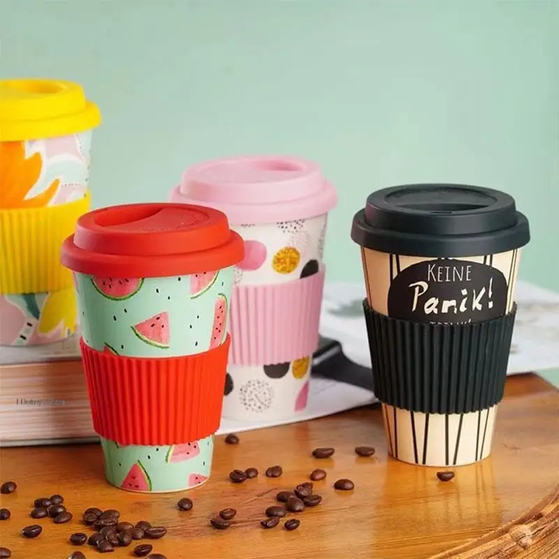 

400ml Mugs Coffee Cups Health Bamboo Fibre Reusable Coffeeware With Silicone Lids Heat Resistant Travel Car Driving Coffee Mug