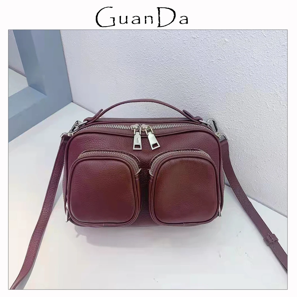 

GuanDa Leather Women Bag Fashion Casual Small Female Camera Shoulder Bag Cowhide 2 Outer Pockets Messenger Bag Top Handle Purse