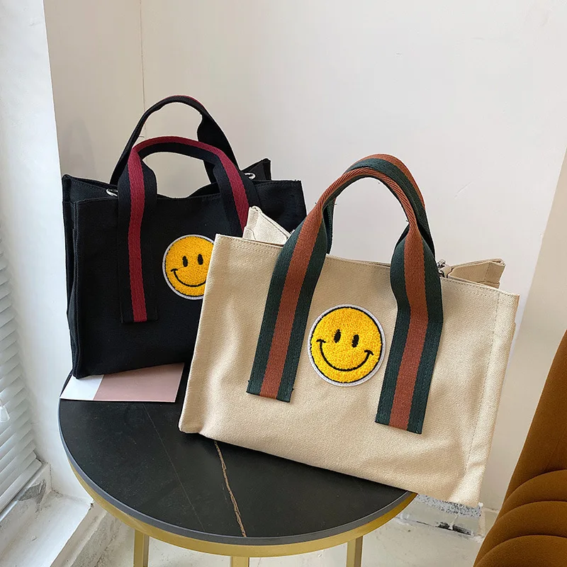 

Korean Version Plush Smiley Canvas Bags 2022 Summer New High Capacity Casual Tote Mommy Bag Women Simple Crossbody Shoulder Bag