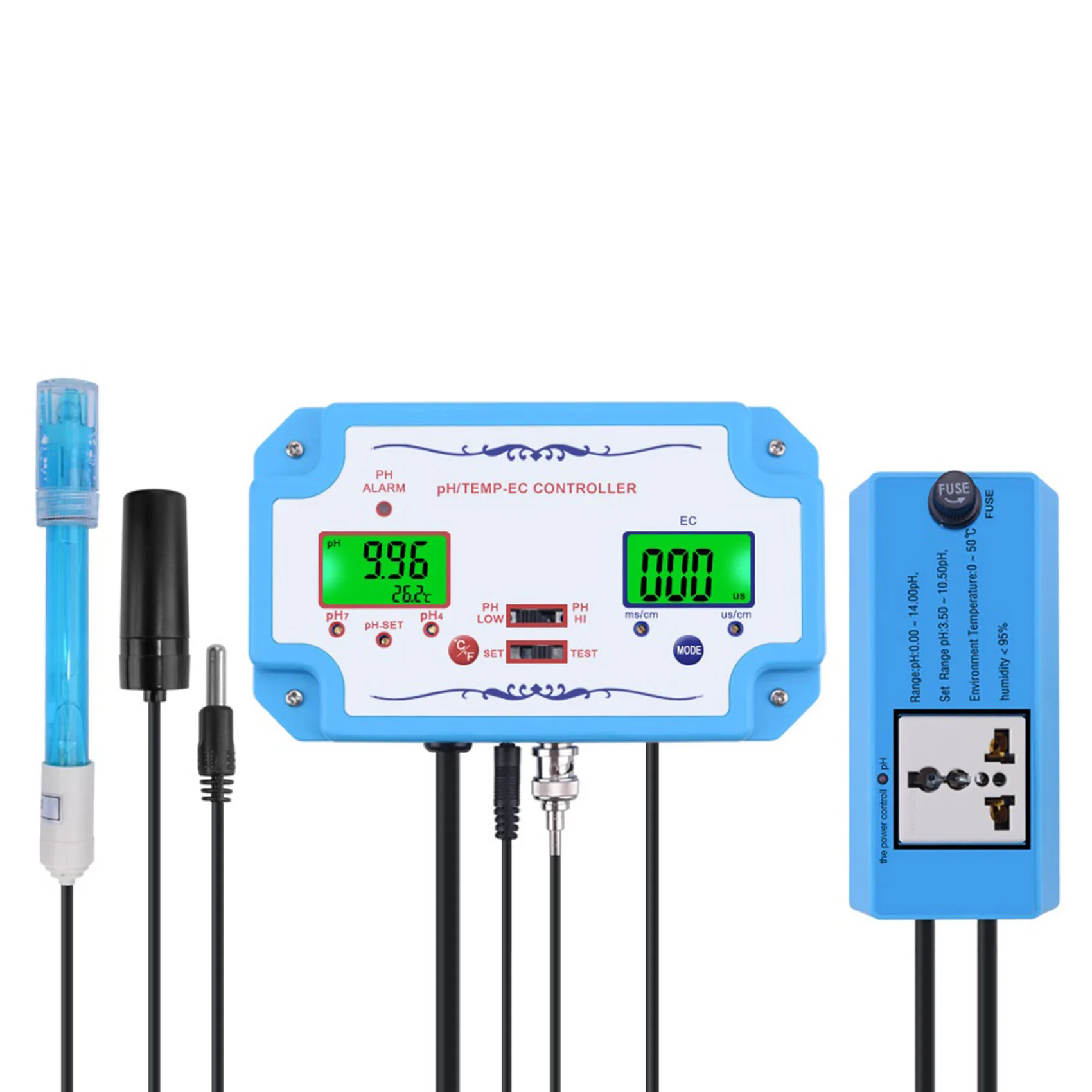 

3 in 1 PH Meter PH/EC/TEMP Detector Controller Relay Electrode BNC Type Probe Water Quality Tester EU Plug
