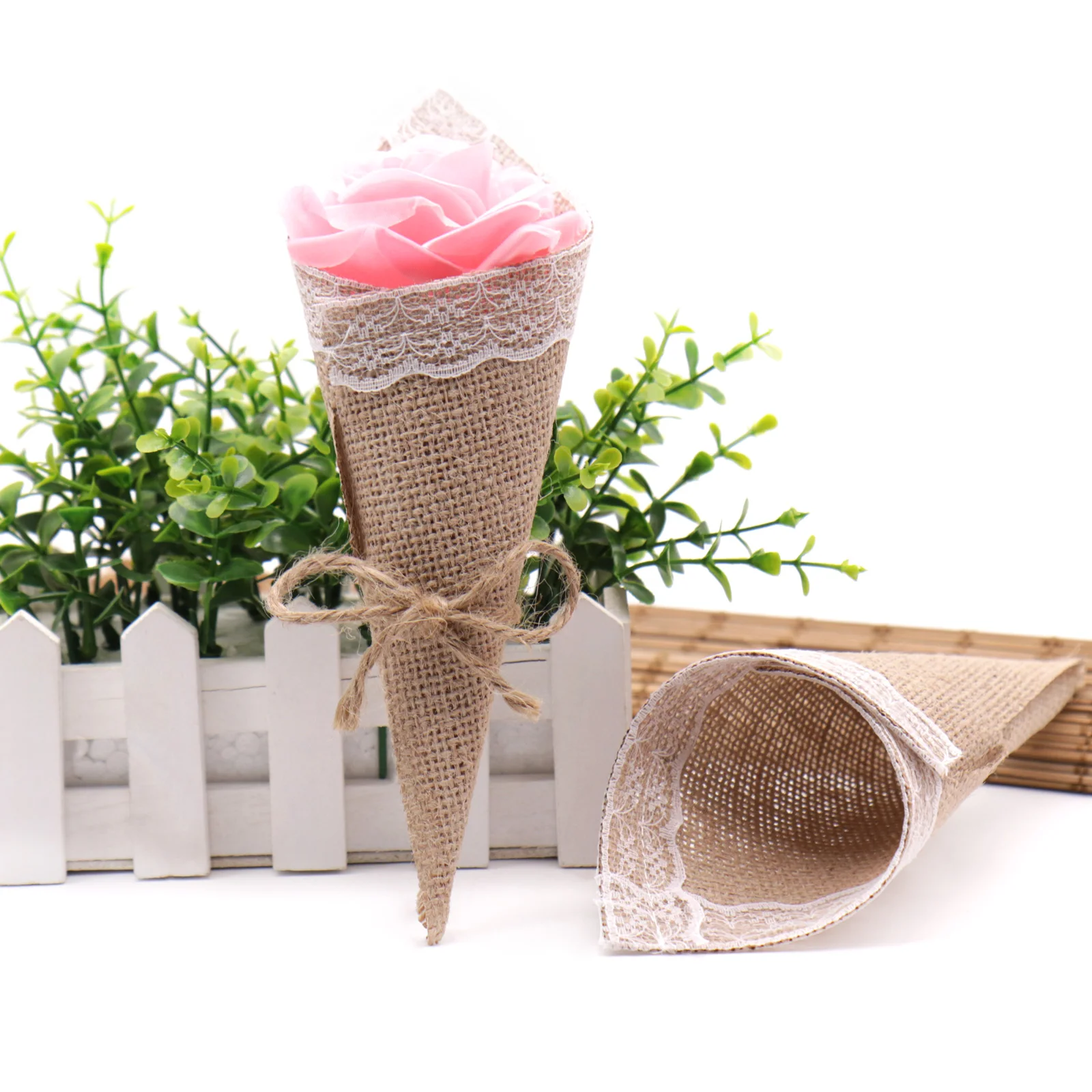 Lace Cone Bouquet 10pcs DIY Creative Burlap Handmade Flower Packaging Box +3M Linen Rope for Wedding Birthday Party Decoration