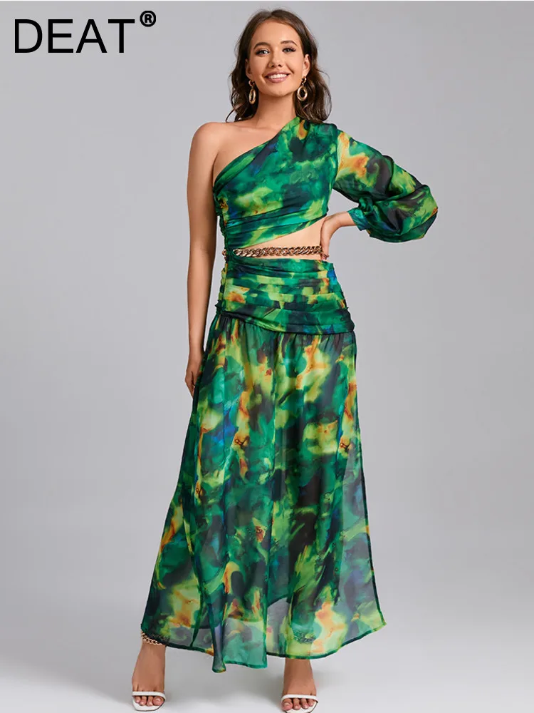 

DEAT Women's Fashion Dress Diagonal Collar One Shoulder Sleeve Print Chain Pleated Female Party Dresses Summer 2023 New 13DB2516