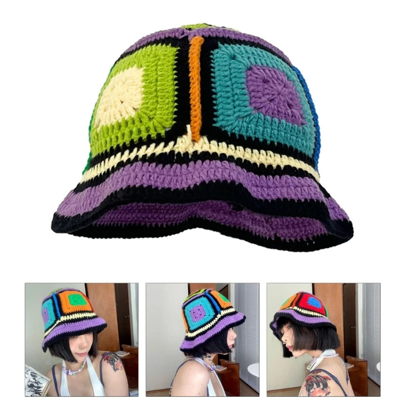 

Lovely Fisherman Hat for Girls Hats Gift Soft Crocheted Bucket Hat Purple Y2K Style Fisherman Hat Dreamy Color Block