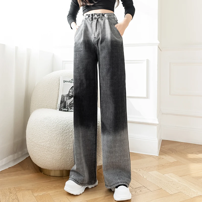 

Jeans Women Baggy Jeans New Fashion Straight Wide Leg Pants Do Old Denim Trousers Vintage Loose Black Gradient Washed Jeans