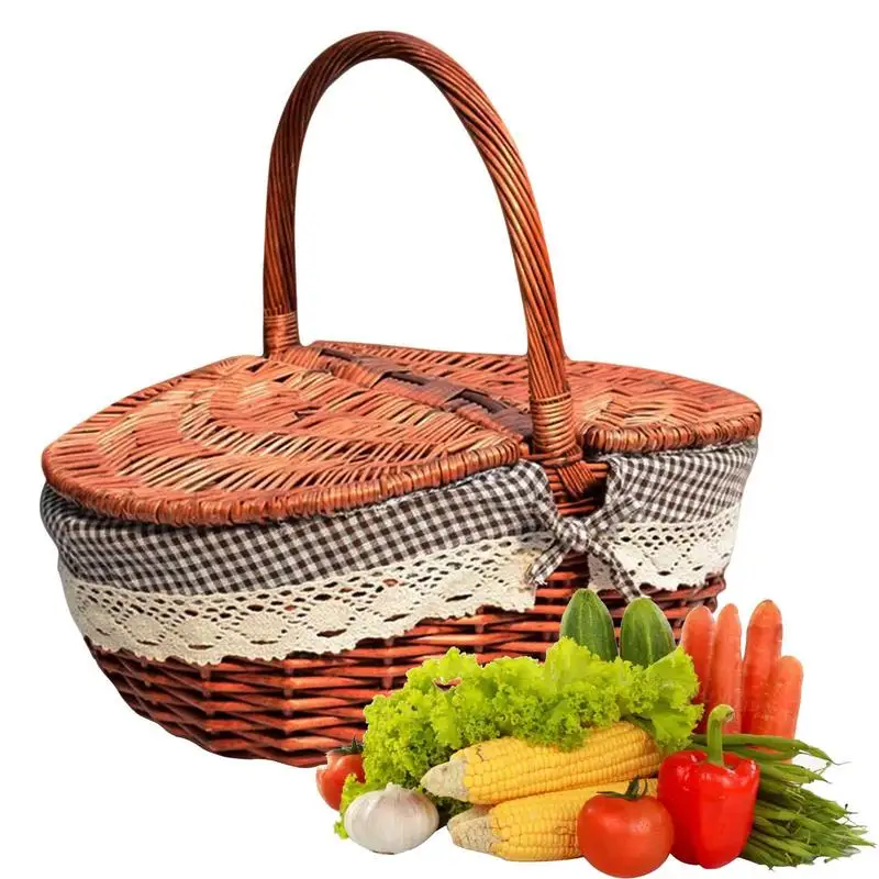 

Плетеная корзина для пикника с крышкой и ручками и вкладышами, плетеная корзина для хранения фруктов из ротанга, для улицы, пикника, вечеринки, барбекю