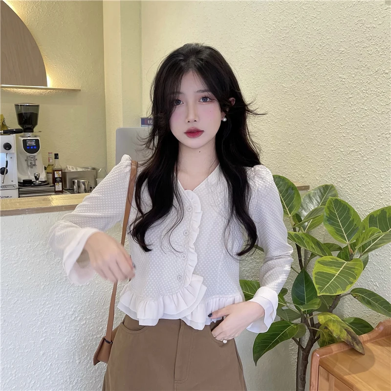 Кроп-рубашка Y2K женская с оборками милая блузка свободного покроя в Корейском