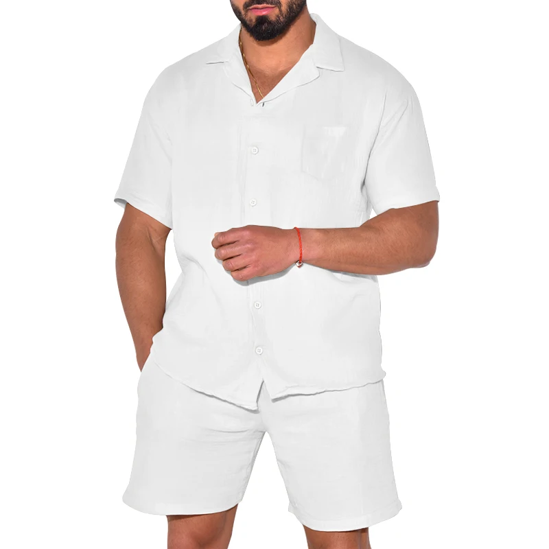 

2023 men's oem summer short sleeved shirt set loose casual cardigan shirt shorts can be customized with logo