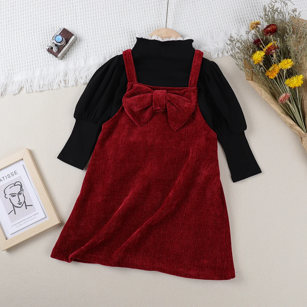 

Girl Kids Dress Girls Dresses Sets Solid Color Long Sleeves Dress and Bow Suspender Dress Set Corduroy Girl Dresses