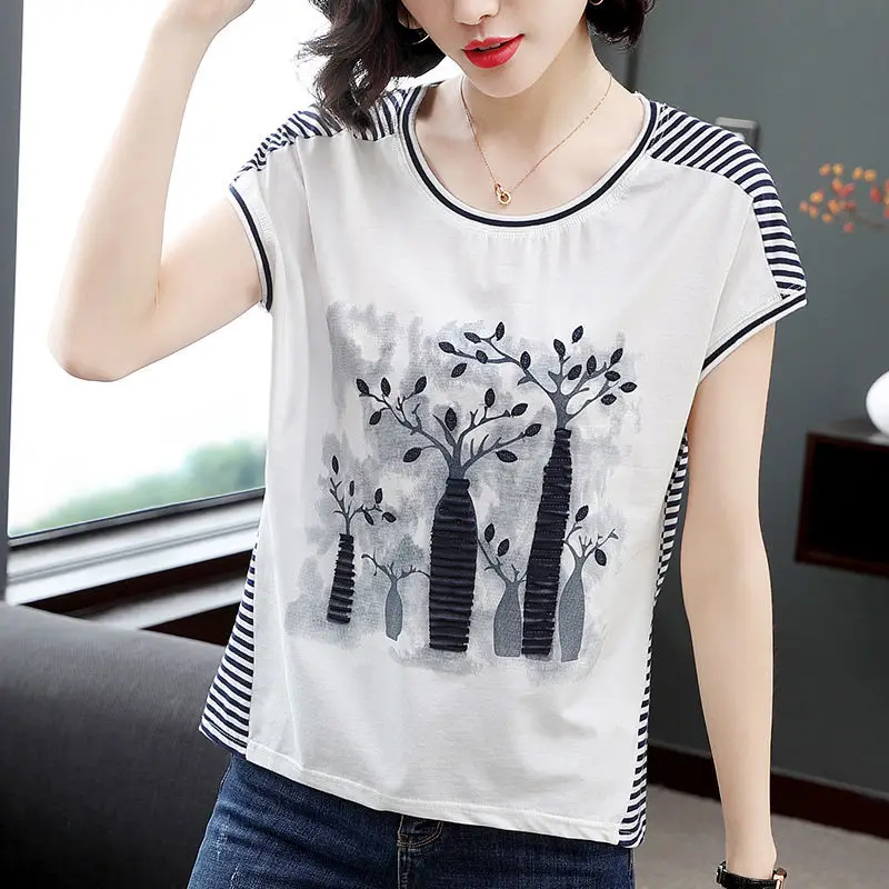 

Fashion O-Neck Spliced Loose Printed Striped Blouse Women's Clothing 2023 Summer New Casual Pullovers Asymmetrical Shirt