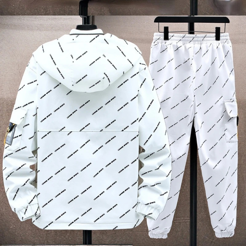 Spring And Autumn New Fashion Casual Men's Printed Jacket Suit Youth Trend Hooded Long-Sleeved Top And Pants Two-Piece Set