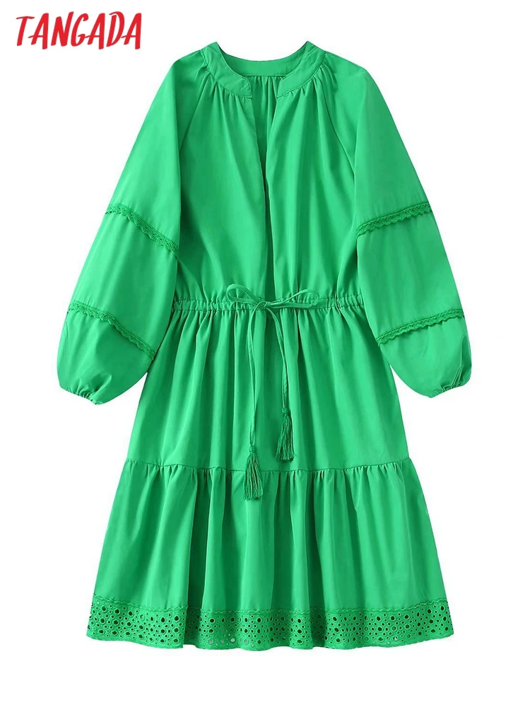 

Tangada Women Embroidery Green Dress Lantern Sleeve Bow Females Midi Dresses Vestidos BE717