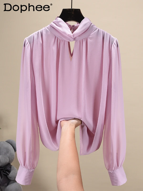 

Autumn Long Sleeve Blouses Womens 2022 New Ladies Stand Collar Top Chiffon Shirt Temperament Blusas Purple Black Apricot