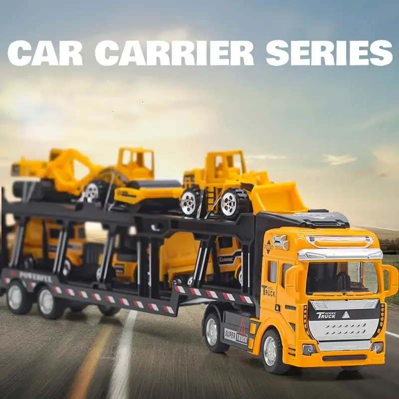 

Engineering Vehicle Transporter Semi-trailer Model With 6 Car Suits , Alloy Tractor Portable Large Truck Car Model Toy