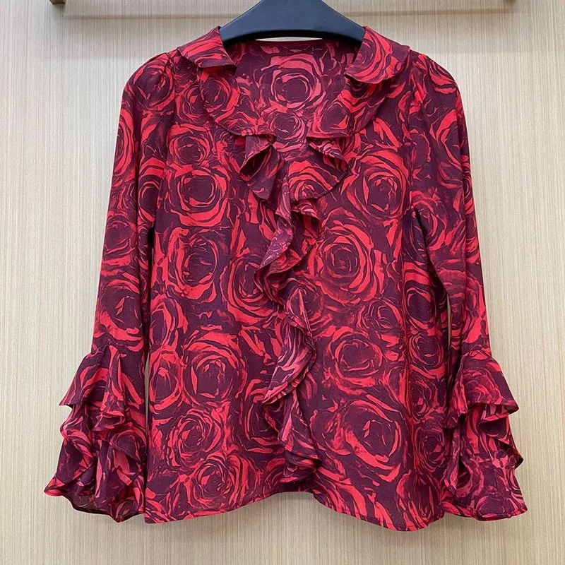 Top Quality Silk Blouses 2022 Spring Summer Fashion Green Red Blouse Women V-Neck Charming Rose Floral Print Long Sleeve Blouse