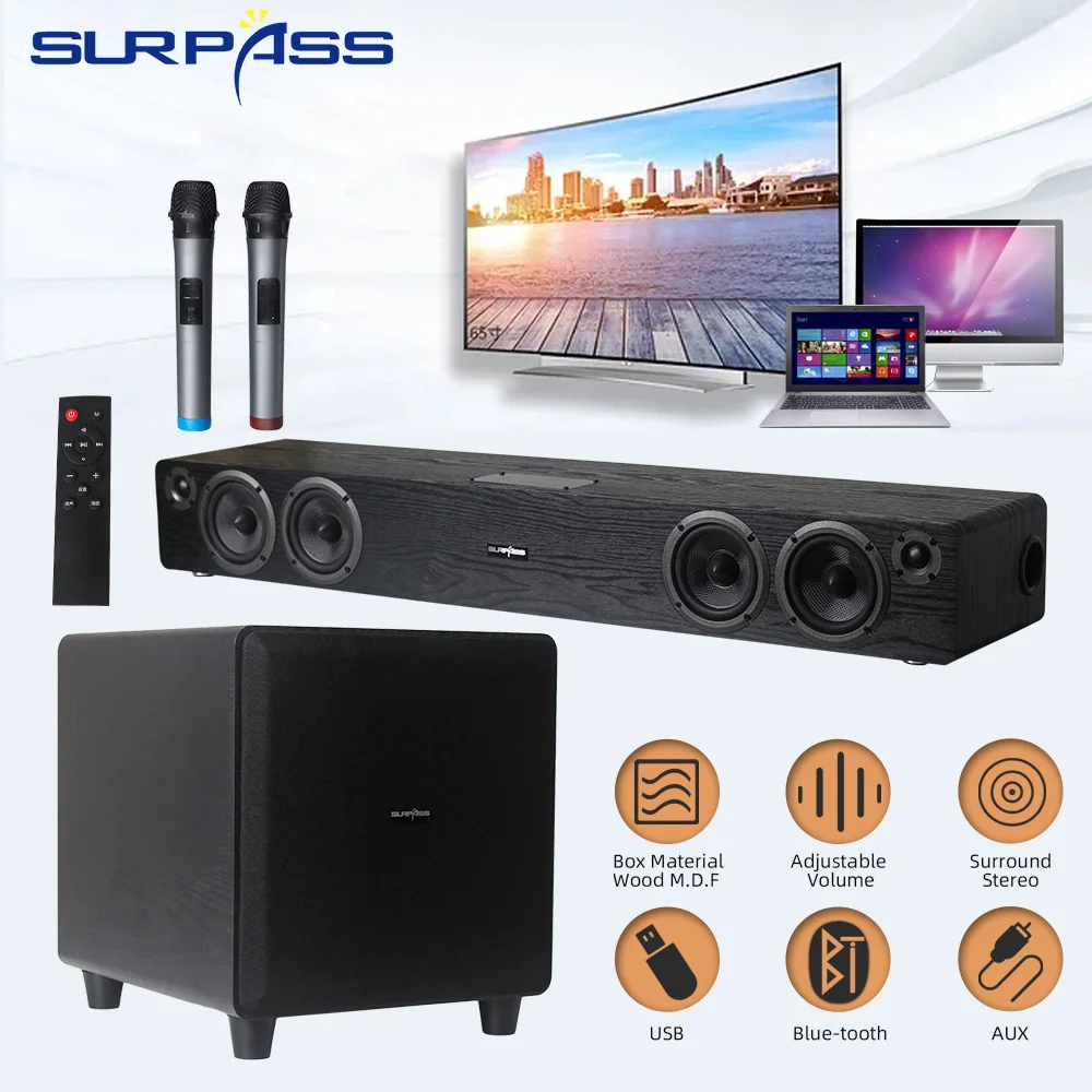 

TV Sound Bar Home Theater Subwoofer Bass Box SoundBar BT 5.0 Speaker with Wireless Mic Audio Remote Control Wall Mount PC AUX