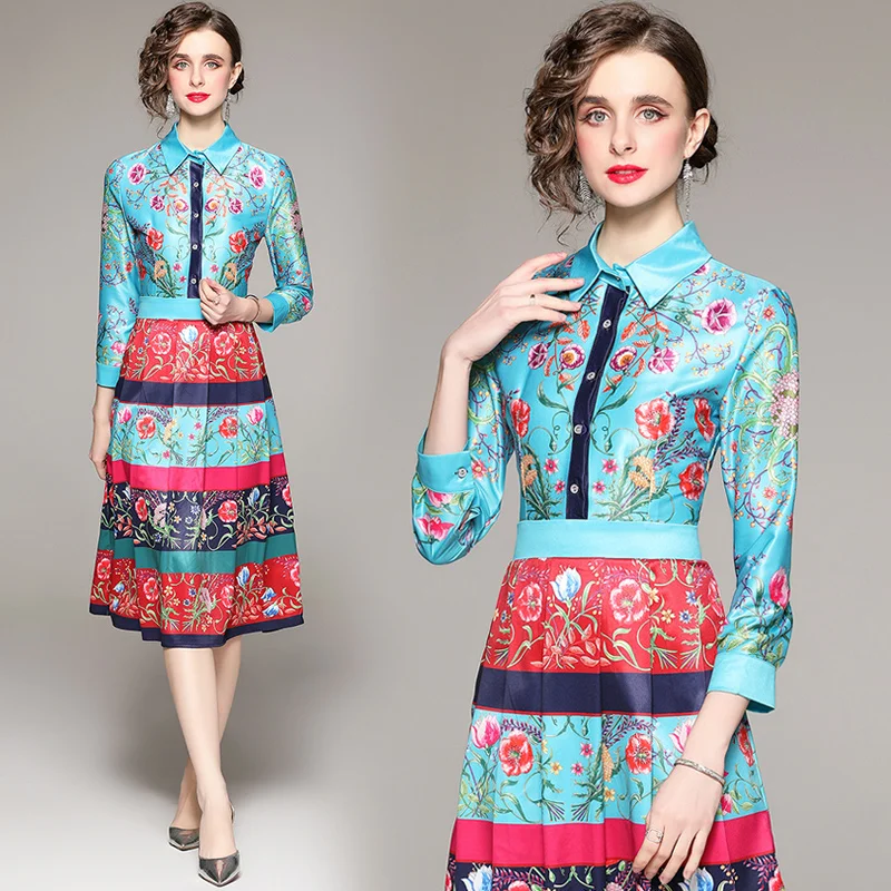 

Design Chic Ins Runway Floral Printed Contrast Color Shirt Dress 2022 Wrist Sleeve Spring/Autumn Summer Button Knee-Length Dress