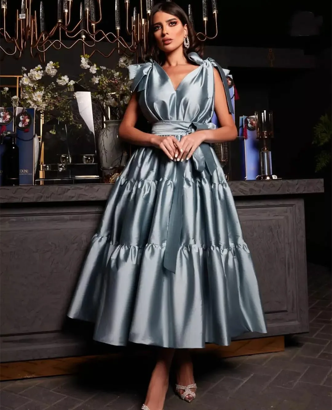 

Женское вечернее платье с бантом, ТРАПЕЦИЕВИДНОЕ ПЛАТЬЕ С V-образным вырезом и молнией на спине