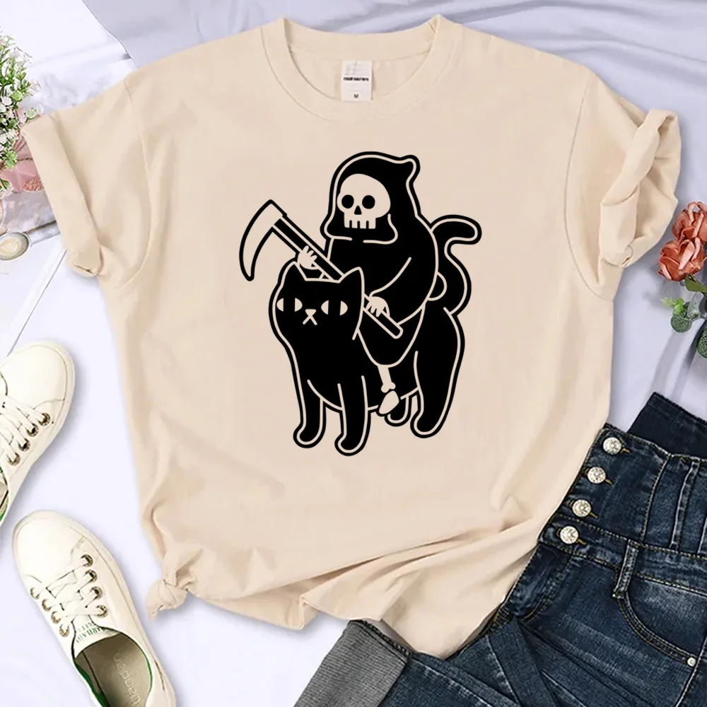 

Женский топ в стиле Харадзюку Death Rides, дизайнерская летняя футболка с изображением черного кота, уличная одежда