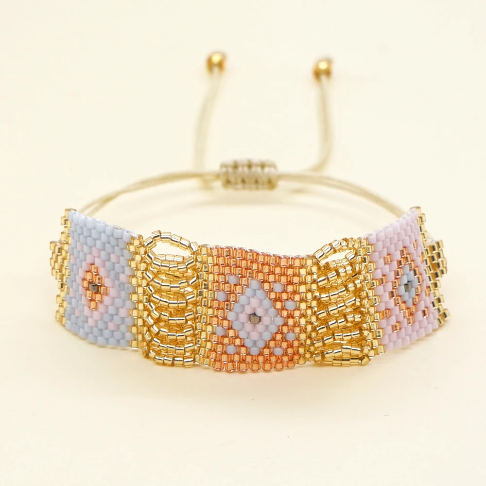 

Bohemia Geometric Pattern Bracelets Glass Beaded Evil Eye Bangle Lace-Up Rope Chain Bracelet for Women Men Boho Accessories