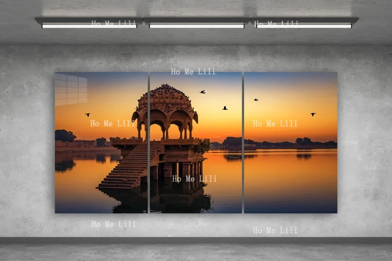 Pavilions And Flying Geese At Sunset 3 Pieces Wall Art Hangings Housewarming Gift Christmas